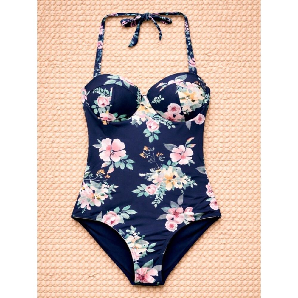 Janela Bay Riverwalk Floral Bra Top Tie Back One Piece Swimsuit Blue Pink Small
